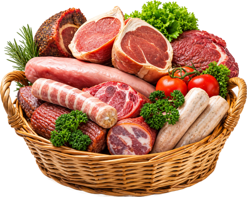 Fresh Raw Meats and Sausages Basket PNG Transparent