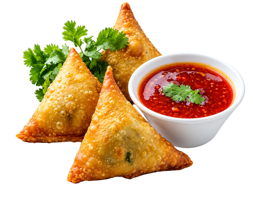 Golden Crispy Samosas with Sauce PNG Transparent