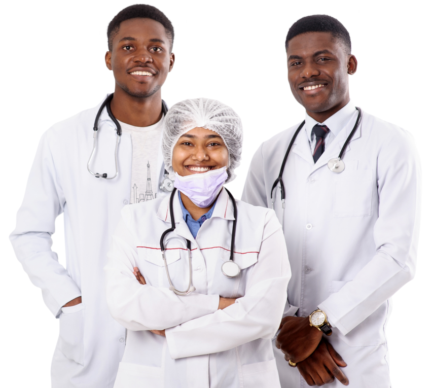 Three doctors white scope african men PNG image