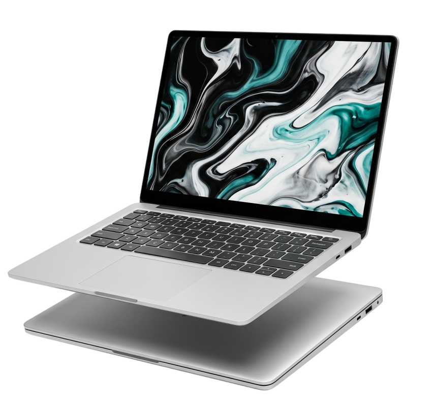 Floating Silver Laptop with Abstract Wallpaper PNG