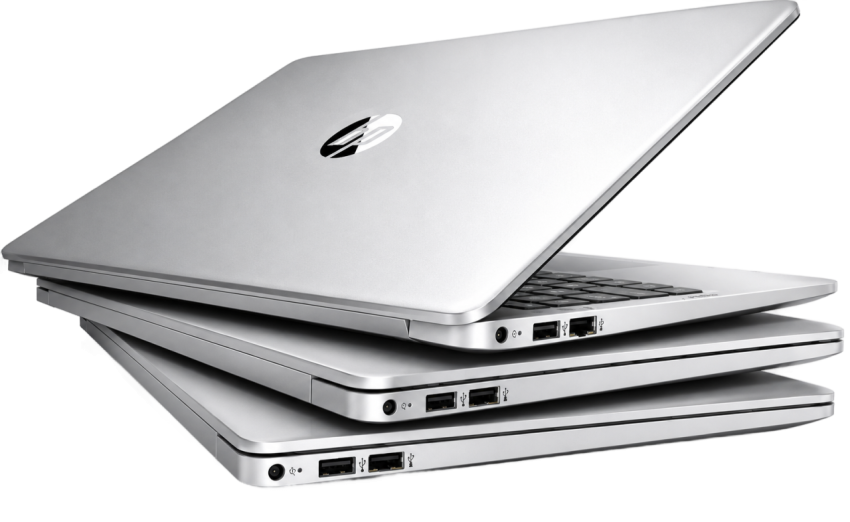 Stacked HP Silver Laptops Side View Transparent PNG