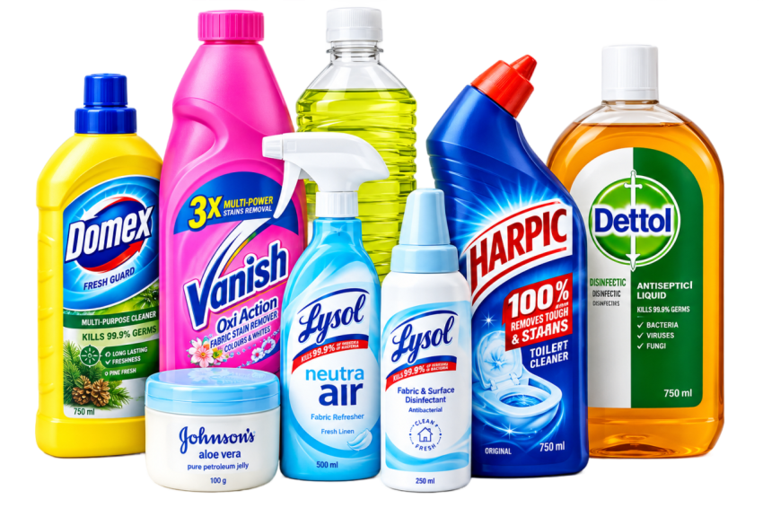 Household Cleaning Products and Disinfectant Bottles PNG