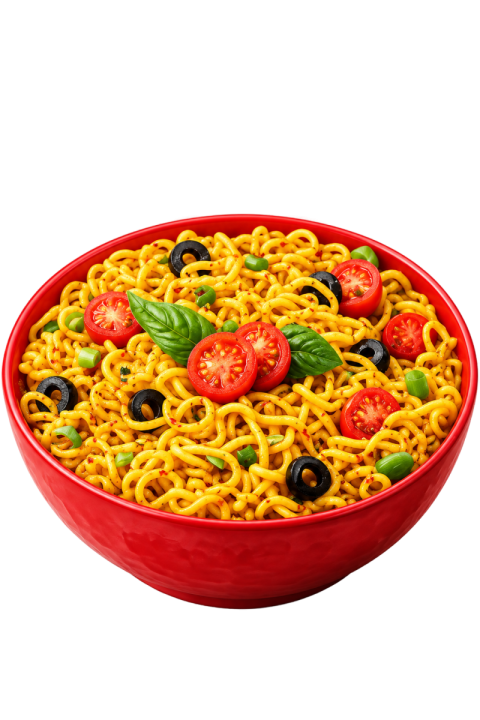 Spicy Instant Noodles Bowl with Olives and Tomatoes PNG