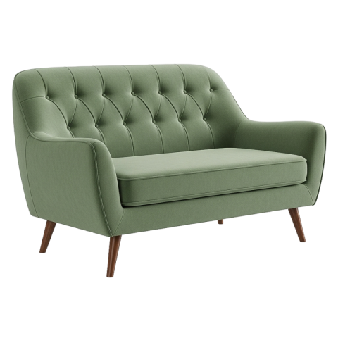 Elegant Green Tufted Sofa with Wooden Legs PNG Image