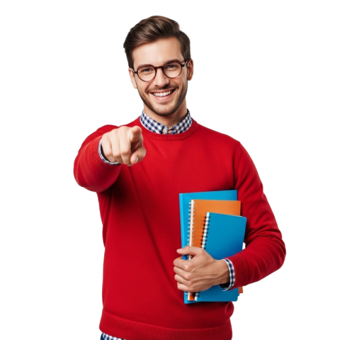 Smiling Student Pointing Forward with Notebooks