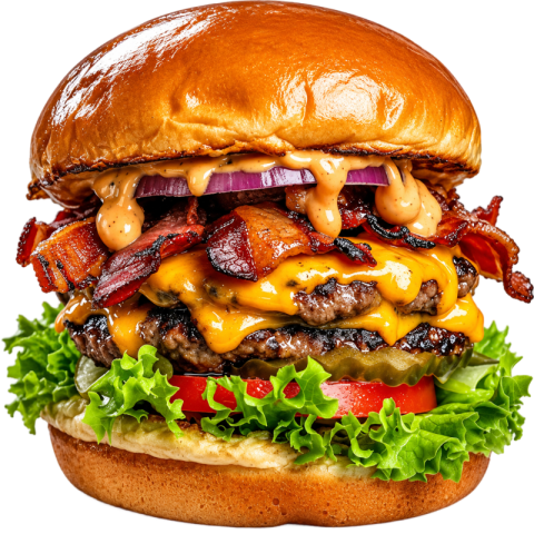 Gourmet Double Bacon Cheeseburger with Melting Sauce PNG