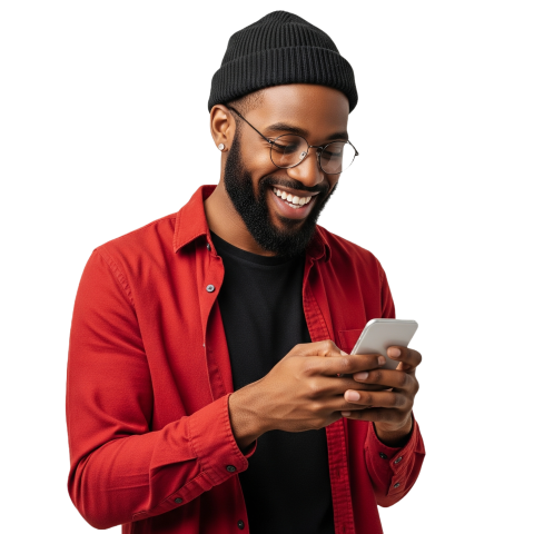 A black Man Smiling with a phone free PNG image