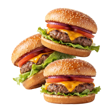 Three Fresh Beef Cheeseburgers Stacked PNG